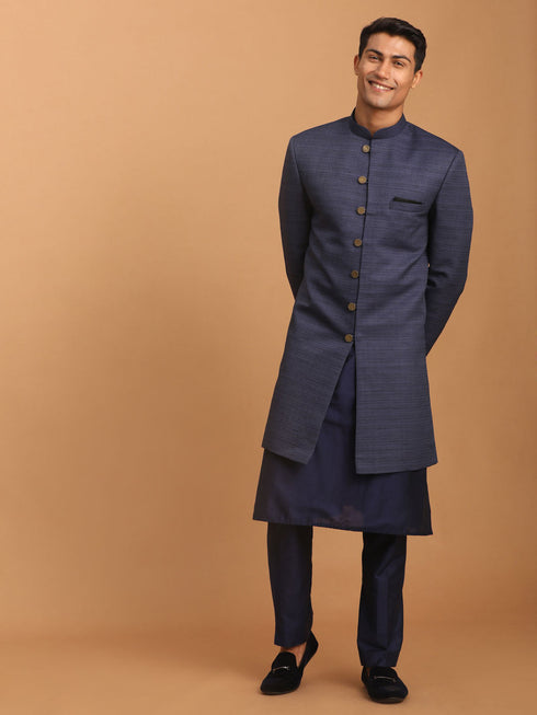 Vastramay Men's Navy Blue Sherwani With Kurta Pant Set